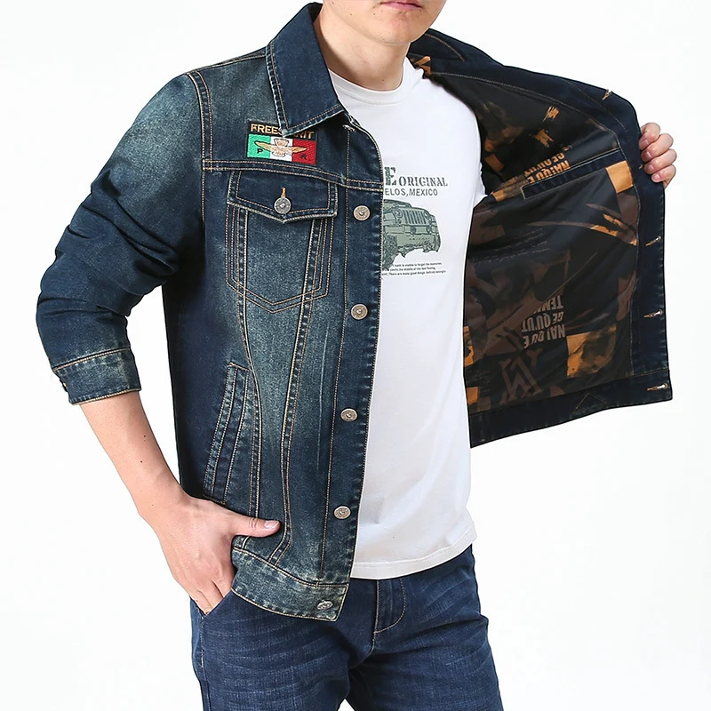 Herren Jeansjacke im Vintage-Look mit Patches und bedrucktem Innenfutter Nord Taschen