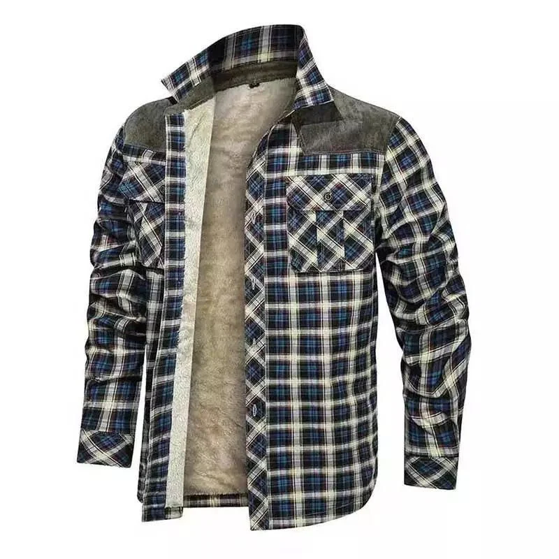 Herren gefütterte Karo-Hemdjacke mit Teddyfleece-Innenfutter, Brustpattentaschen und Schulterbesatz Nord Taschen