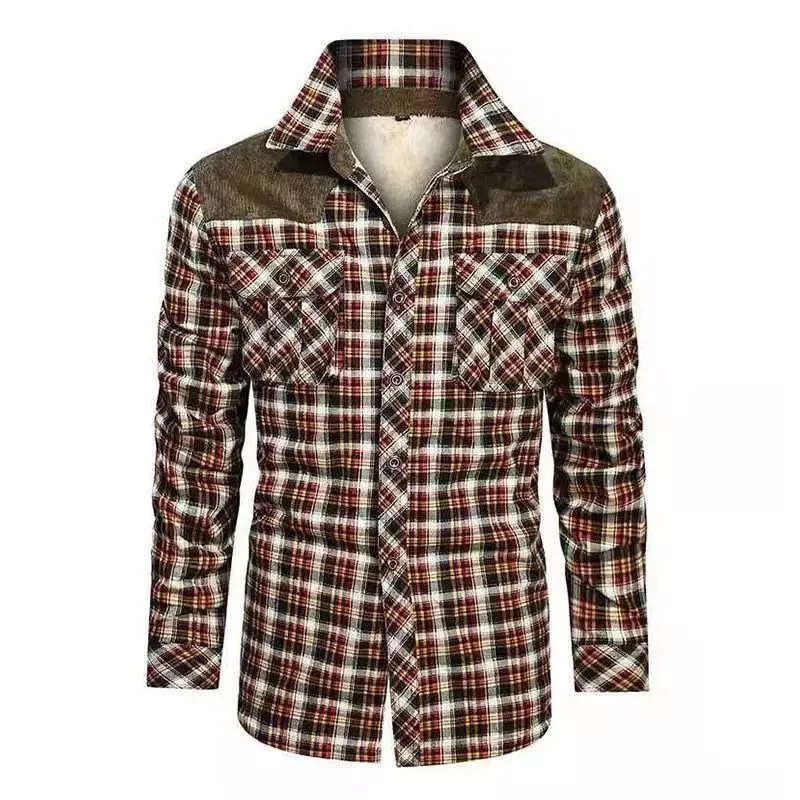 Herren gefütterte Karo-Hemdjacke mit Teddyfleece-Innenfutter, Brustpattentaschen und Schulterbesatz Nord Taschen