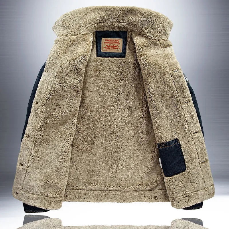 Herren Gefütterte Jeansjacke mit Sherpa-Innenfutter, Hemdkragen und Druckknopf‑Front Nord Taschen