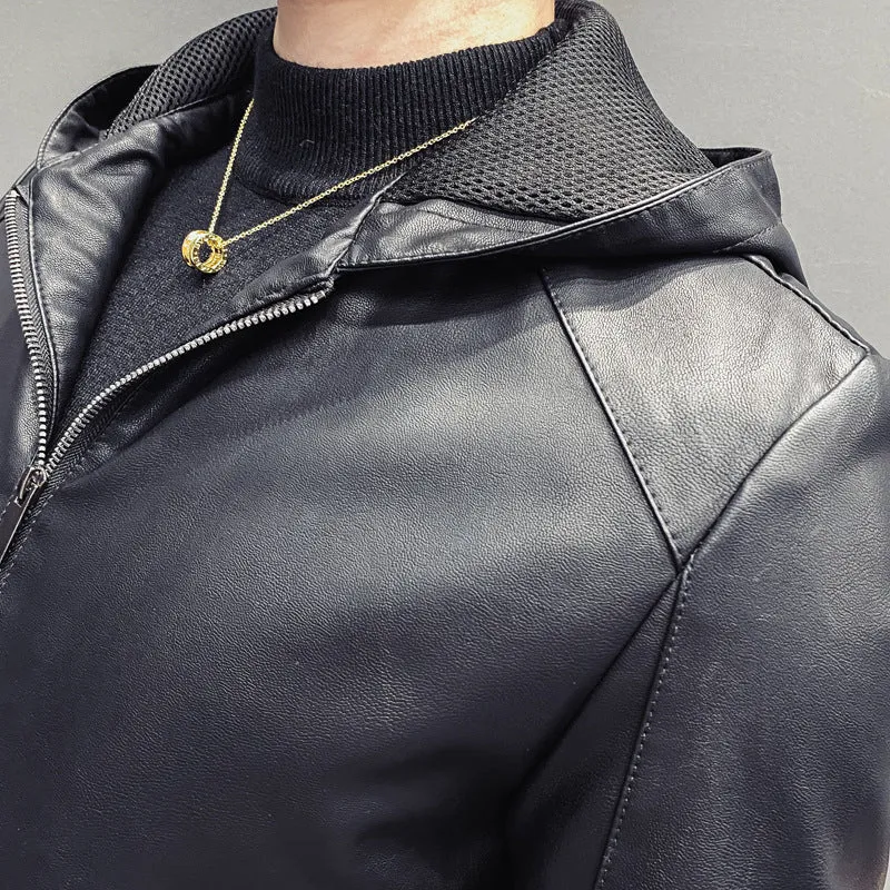 Herren Lederimitat-Kapuzenblouson mit Mesh-Innenkapuze, schmaler Silhouette und durchgehendem Reißverschluss Nord Taschen