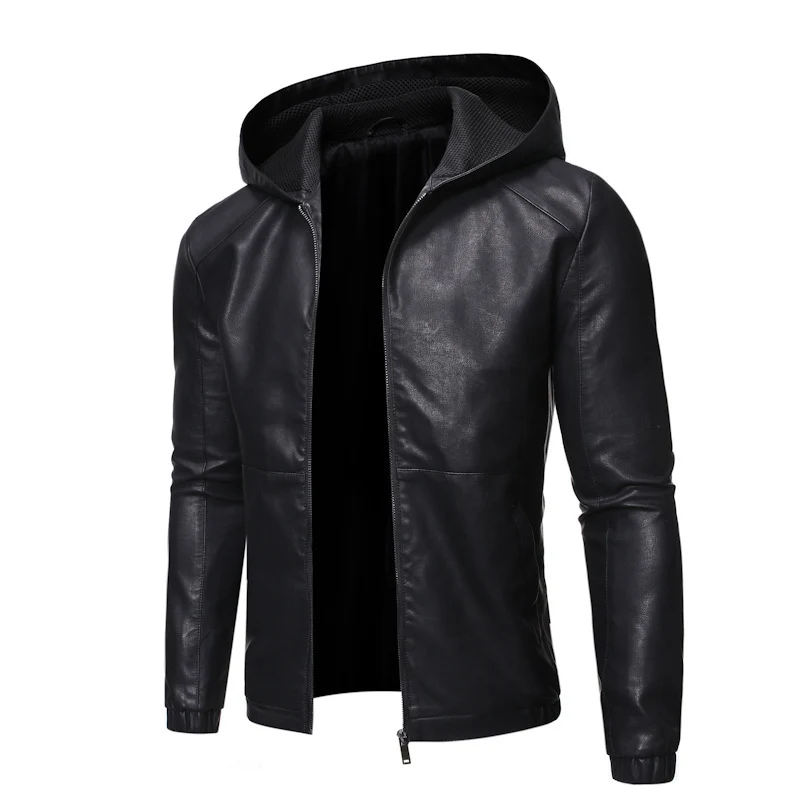 Herren Lederimitat-Kapuzenblouson mit Mesh-Innenkapuze, schmaler Silhouette und durchgehendem Reißverschluss Nord Taschen