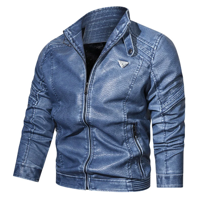 Herren Kunstleder‑Fliegerblouson im Used‑Denim‑Look mit Stehkragen und Reißverschlusstaschen Nord Taschen