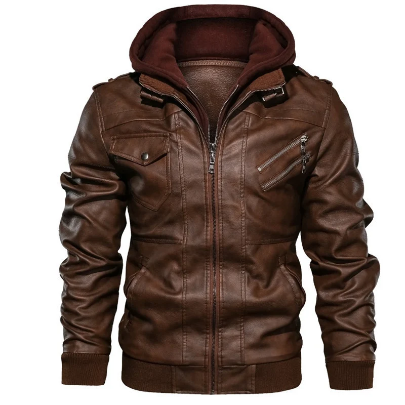 Herren Kunstleder-Bomberjacke mit Kapuzenlayer, Schulterpatten und Utility-Taschen Nord Taschen