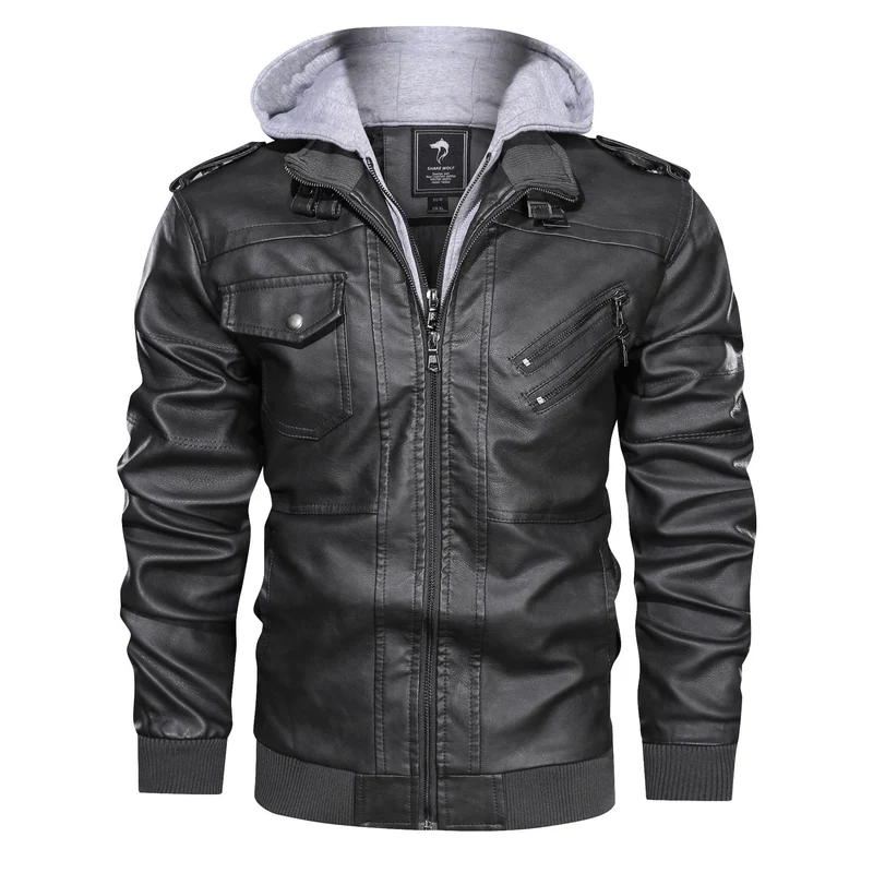 Herren Kunstleder-Bomberjacke mit Kapuzenlayer, Schulterpatten und Utility-Taschen Nord Taschen
