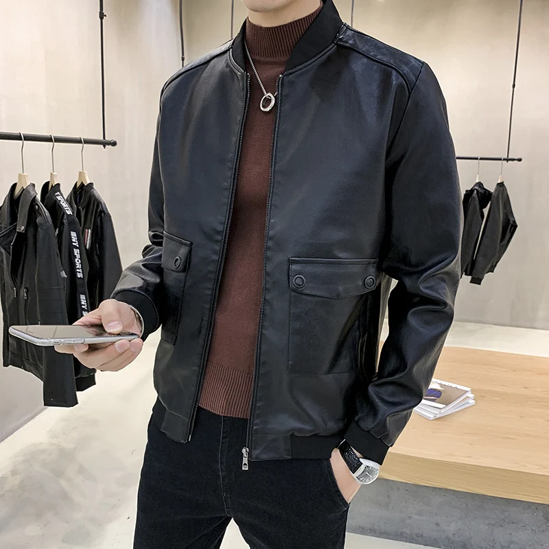 Herren Kunstleder-Bomberjacke im Aviator-Minimalstil mit Pattentaschen und Rippbündchen Nord Taschen
