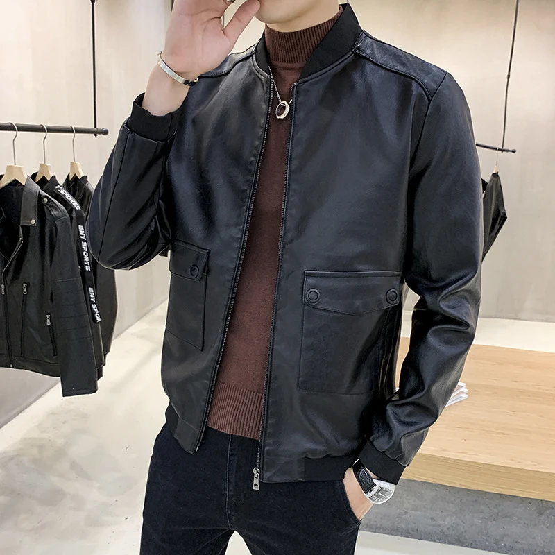 Herren Kunstleder-Bomberjacke im Aviator-Minimalstil mit Pattentaschen und Rippbündchen Nord Taschen