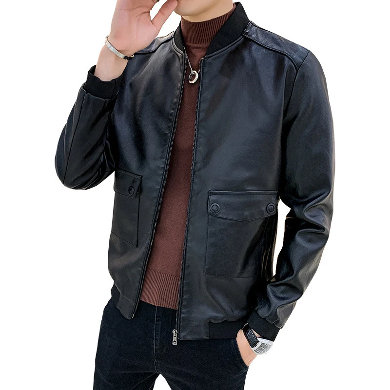 Herren Kunstleder-Bomberjacke im Aviator-Minimalstil mit Pattentaschen und Rippbündchen Nord Taschen