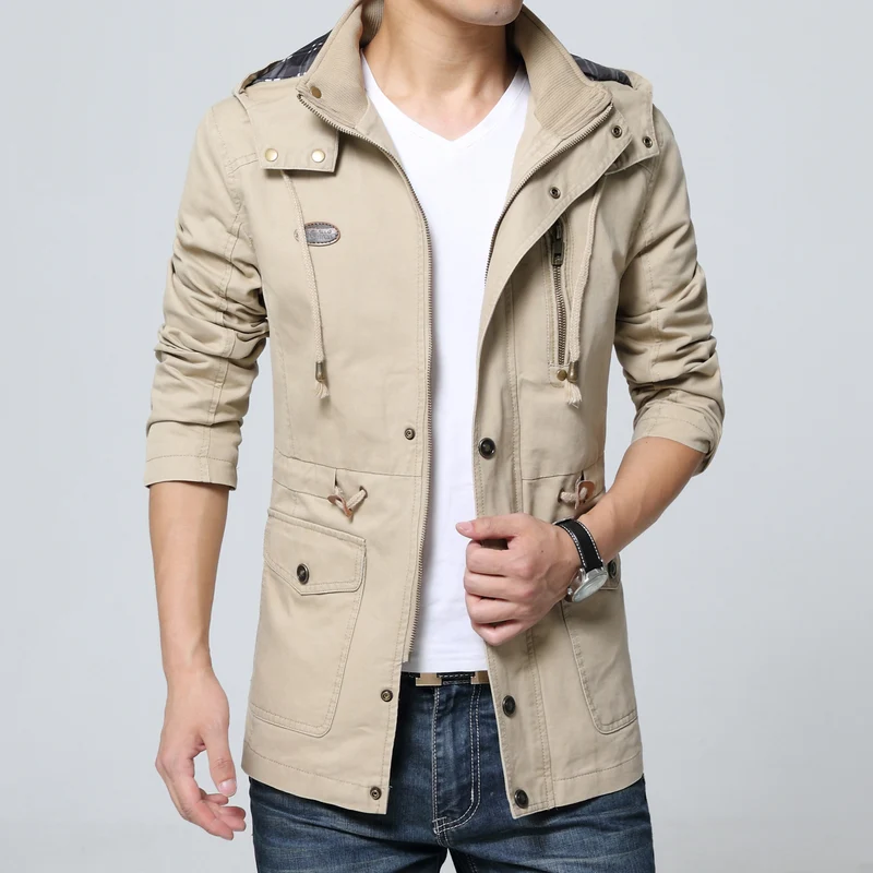 Herren leichter Baumwoll-Militärparka mit Kapuze, Kordzug-Taille und verdeckter Reißverschluss Nord Taschen
