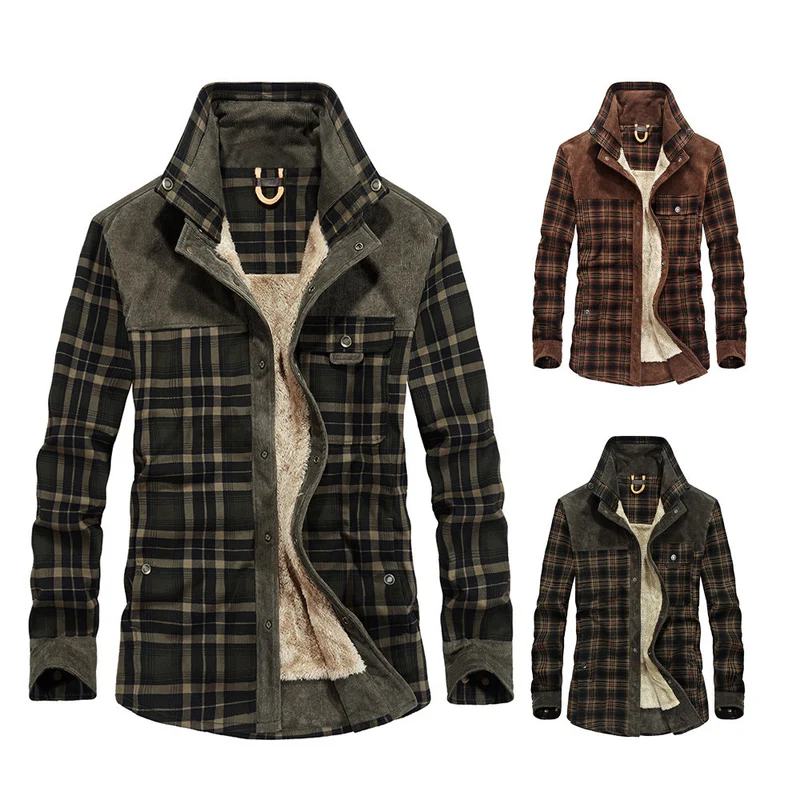 Herren lässige Flanell-Fieldshirt-Jacke mit Teddy-Innenfutter und Cord-Besätzen Nord Taschen
