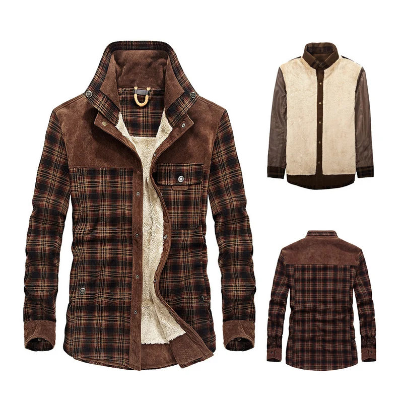 Herren lässige Flanell-Fieldshirt-Jacke mit Teddy-Innenfutter und Cord-Besätzen Nord Taschen