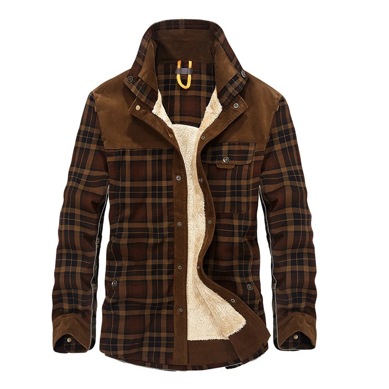 Herren lässige Flanell-Fieldshirt-Jacke mit Teddy-Innenfutter und Cord-Besätzen Nord Taschen