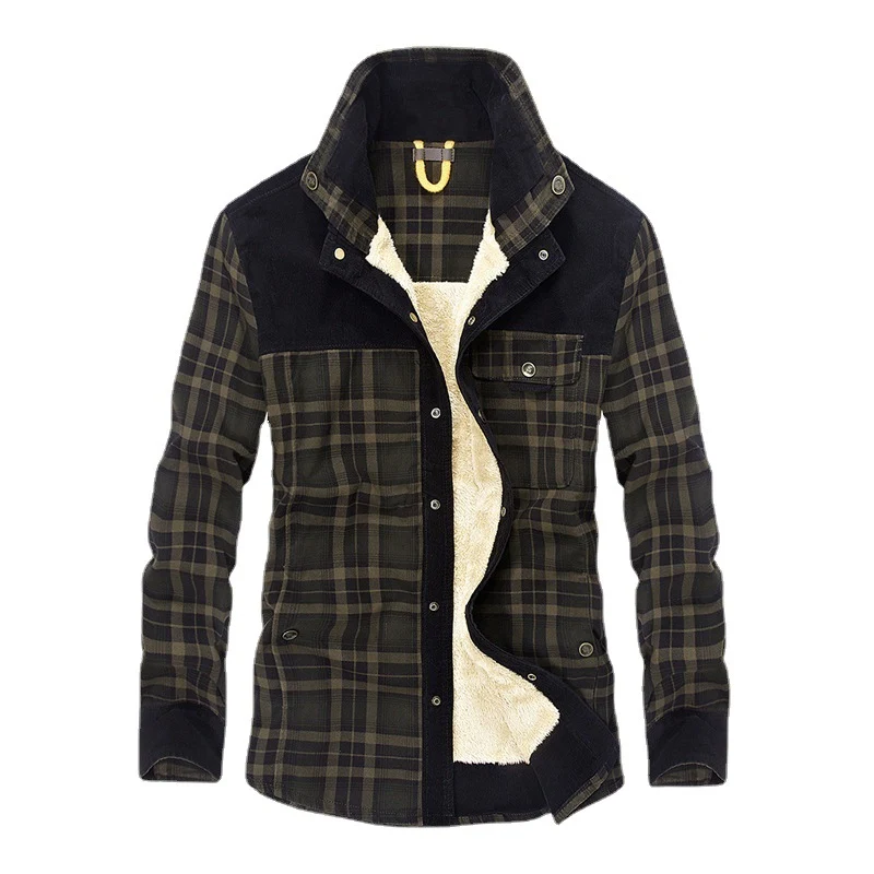Herren lässige Flanell-Fieldshirt-Jacke mit Teddy-Innenfutter und Cord-Besätzen Nord Taschen