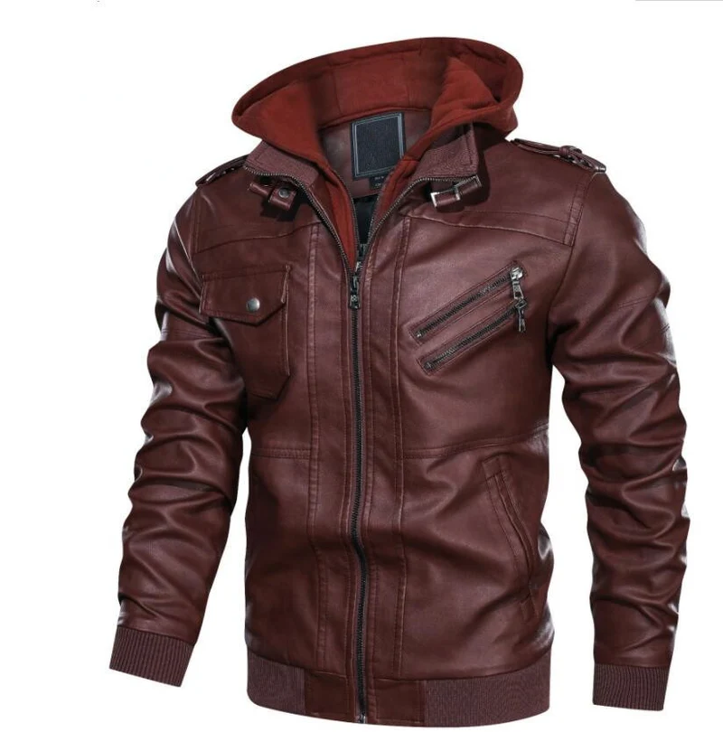 Herren Kunstleder-Bomberjacke im Aviator-Look mit Kapuzen-Innenfutter und schrägen Reißverschlusstaschen Nord Taschen