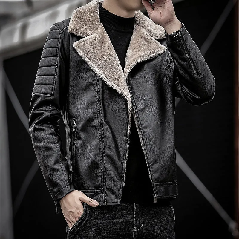 Herren Kunstleder-Bikerjacke mit Teddyfell-Futter und gesteppter Ärmeldetail Nord Taschen