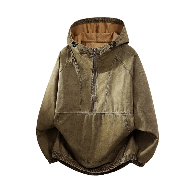 Herren Oversize Canvas-Halbzip-Kapuzenanorak mit Kängurutasche und elastischem Saum Nord Taschen