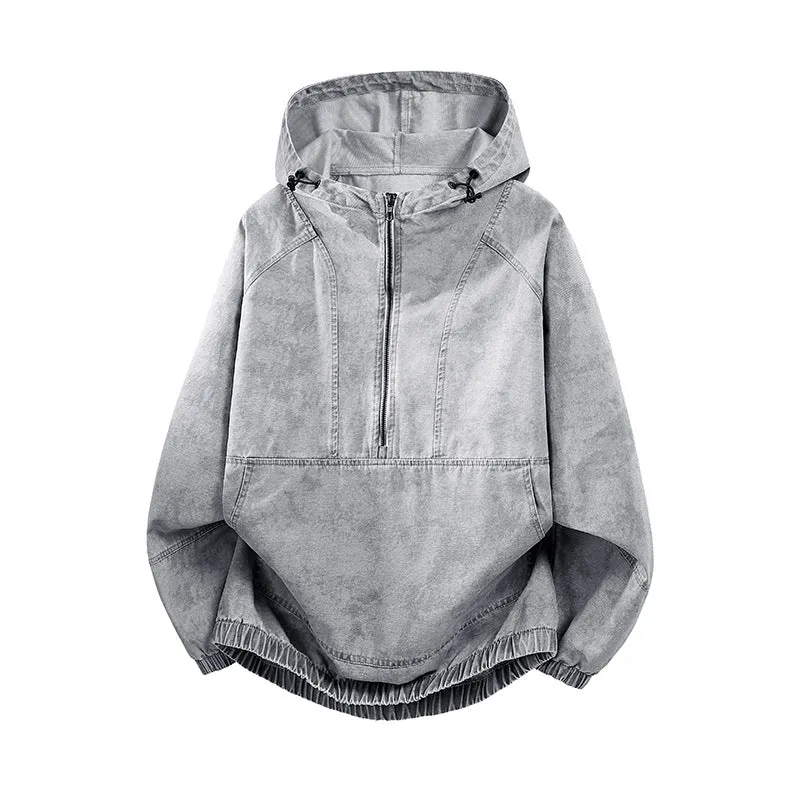 Herren Oversize Canvas-Halbzip-Kapuzenanorak mit Kängurutasche und elastischem Saum Nord Taschen