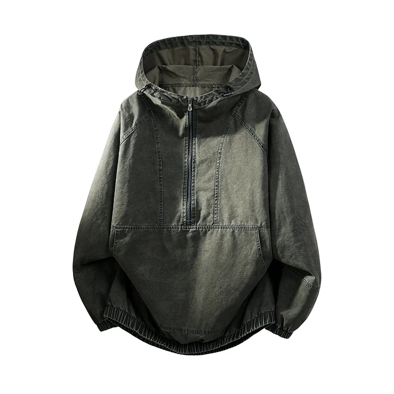 Herren Oversize Canvas-Halbzip-Kapuzenanorak mit Kängurutasche und elastischem Saum Nord Taschen