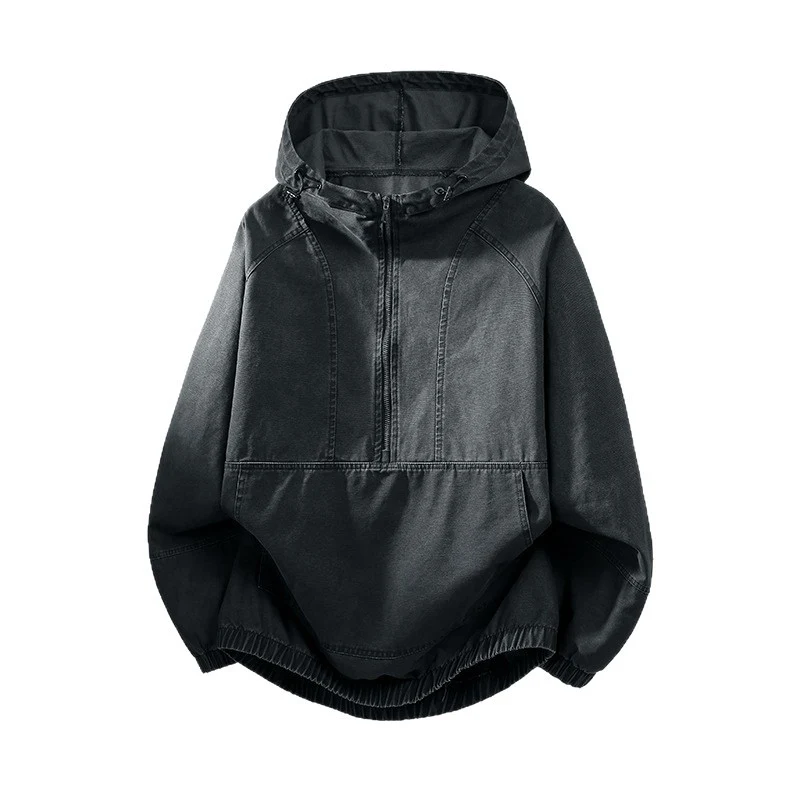 Herren Oversize Canvas-Halbzip-Kapuzenanorak mit Kängurutasche und elastischem Saum Nord Taschen