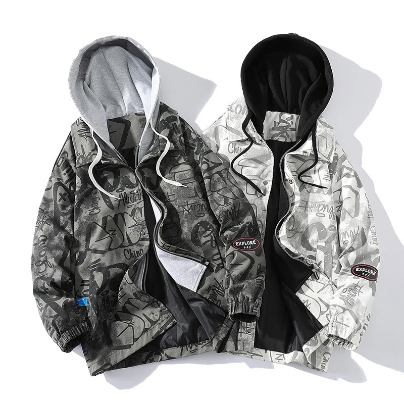 Herren Graffiti-Print Kapuzenparka mit Zip-In Fleece-Innenlayer Nord Taschen