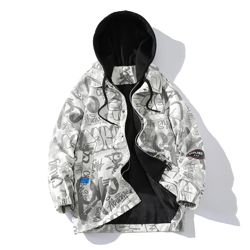 Herren Graffiti-Print Kapuzenparka mit Zip-In Fleece-Innenlayer Nord Taschen