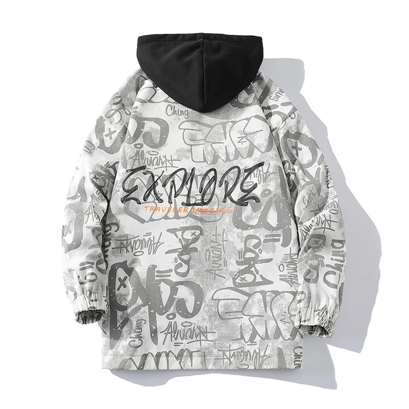 Herren Graffiti-Print Kapuzenparka mit Zip-In Fleece-Innenlayer Nord Taschen