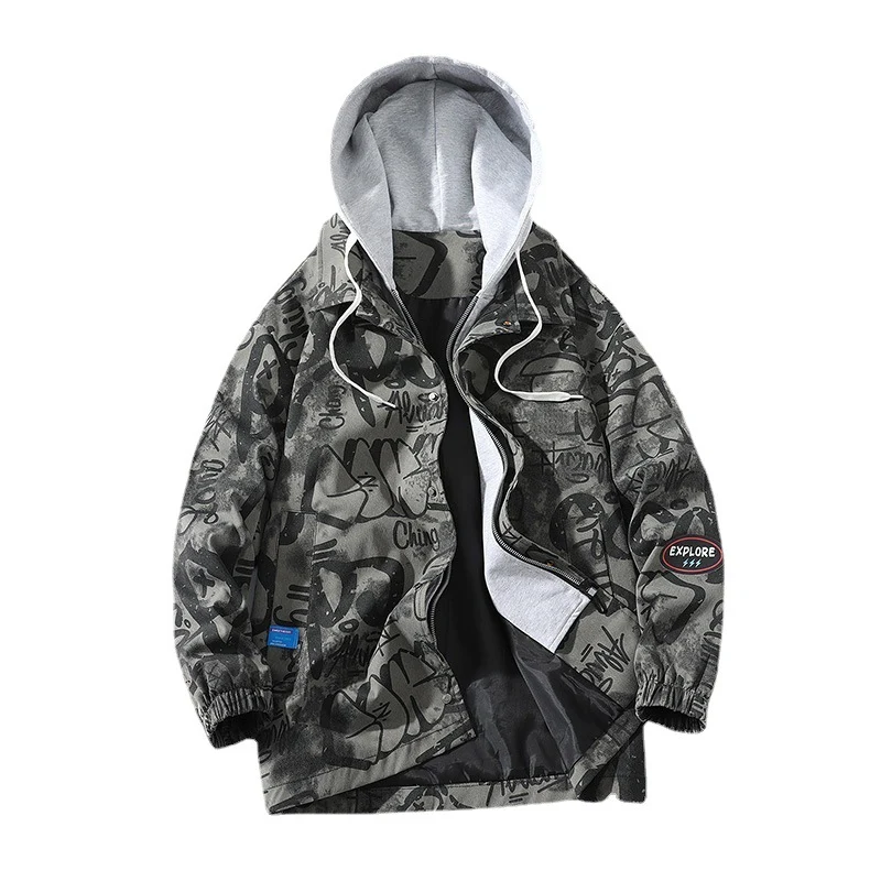 Herren Graffiti-Print Kapuzenparka mit Zip-In Fleece-Innenlayer Nord Taschen