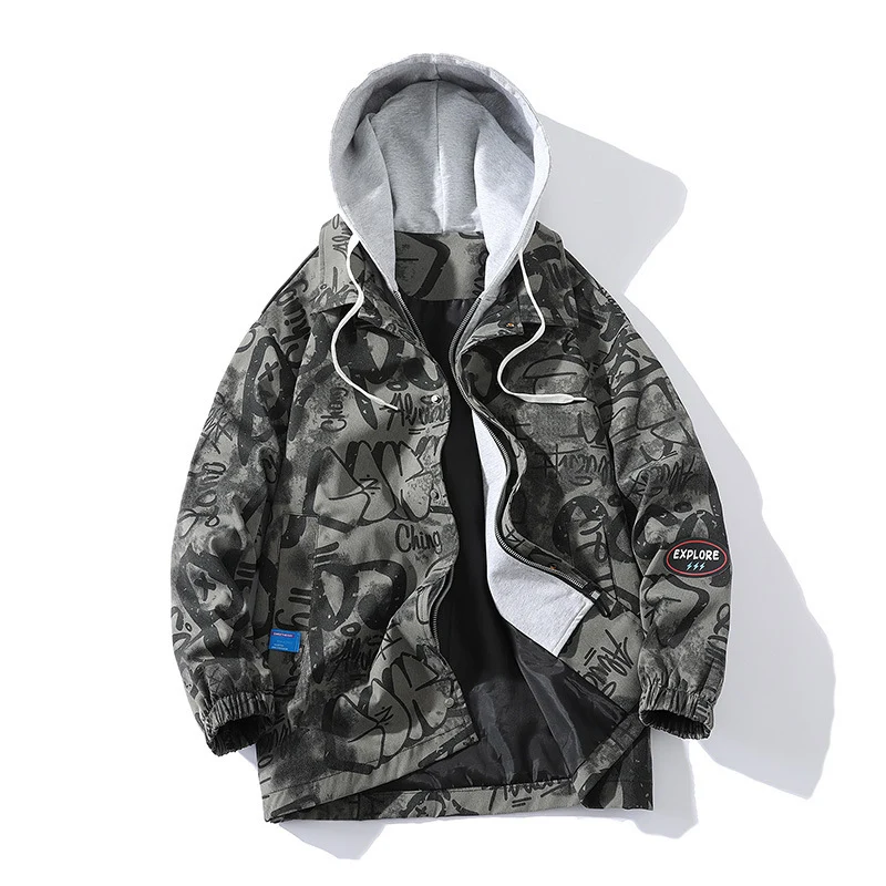 Herren Graffiti-Print Kapuzenparka mit Zip-In Fleece-Innenlayer Nord Taschen