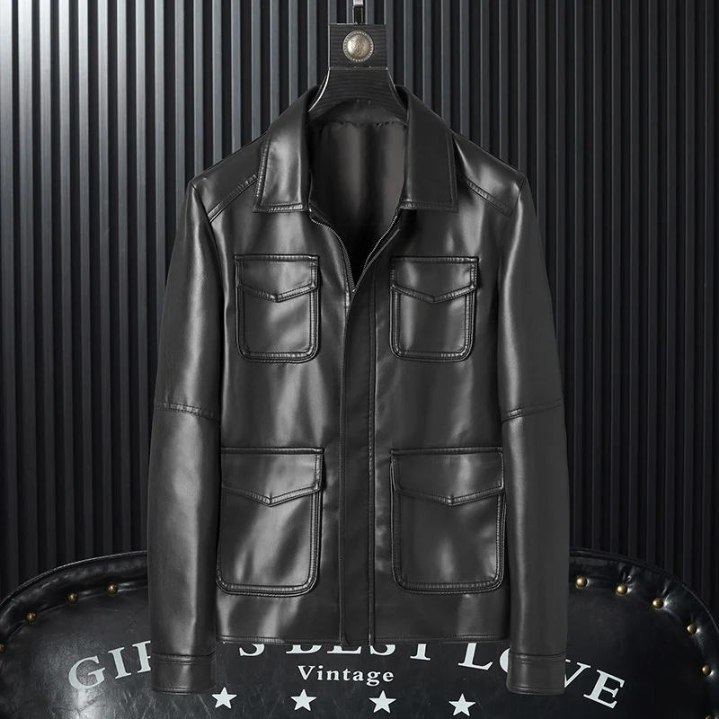 Herren glatte Kunstleder-Fieldjacke mit vier aufgesetzten Pattentaschen Nord Taschen