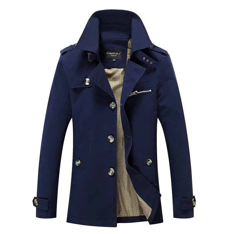 Herren Kurzmantel im Trench‑Stil mit Schulterpatten, Taillenriegel und gestreiftem Innenfutter Nord Taschen