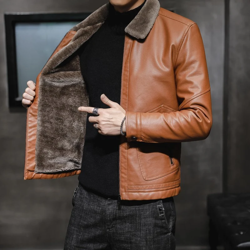 Herren klassische Lederoptik‑Fliegerjacke mit Teddykragen und verdecktem Reißverschluss Nord Taschen