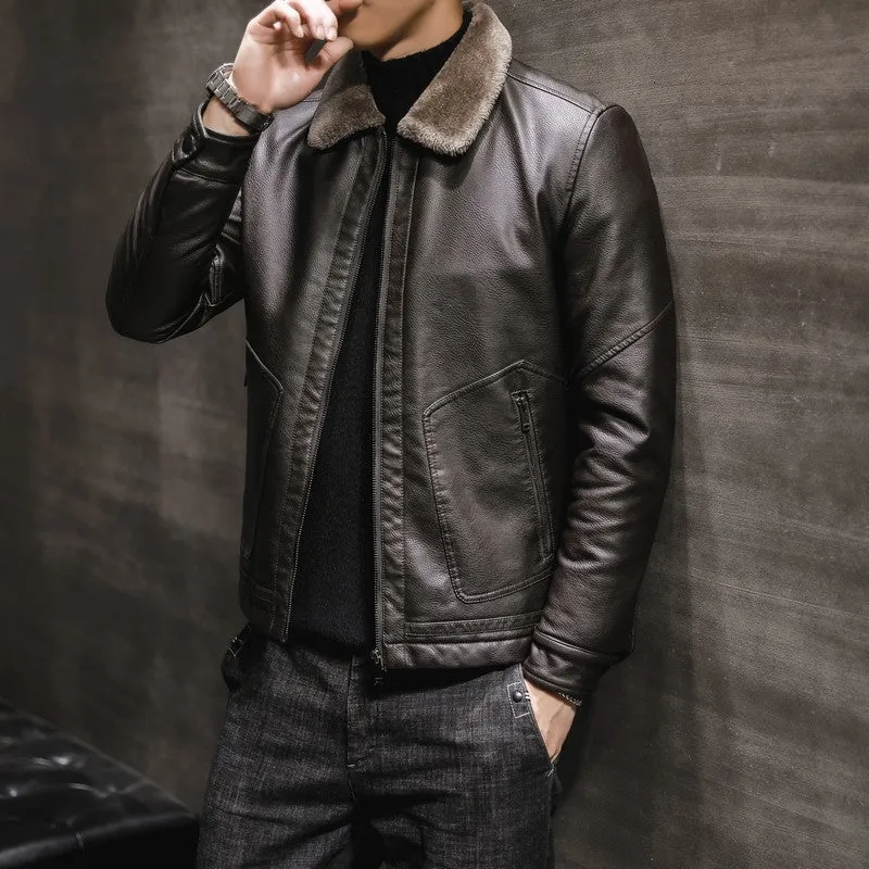 Herren klassische Lederoptik‑Fliegerjacke mit Teddykragen und verdecktem Reißverschluss Nord Taschen