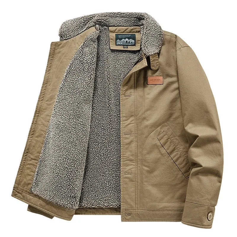 Herren kernige Canvas‑Workerjacke mit voluminösem Sherpa‑Innenfutter und hochschließendem Kragen Nord Taschen