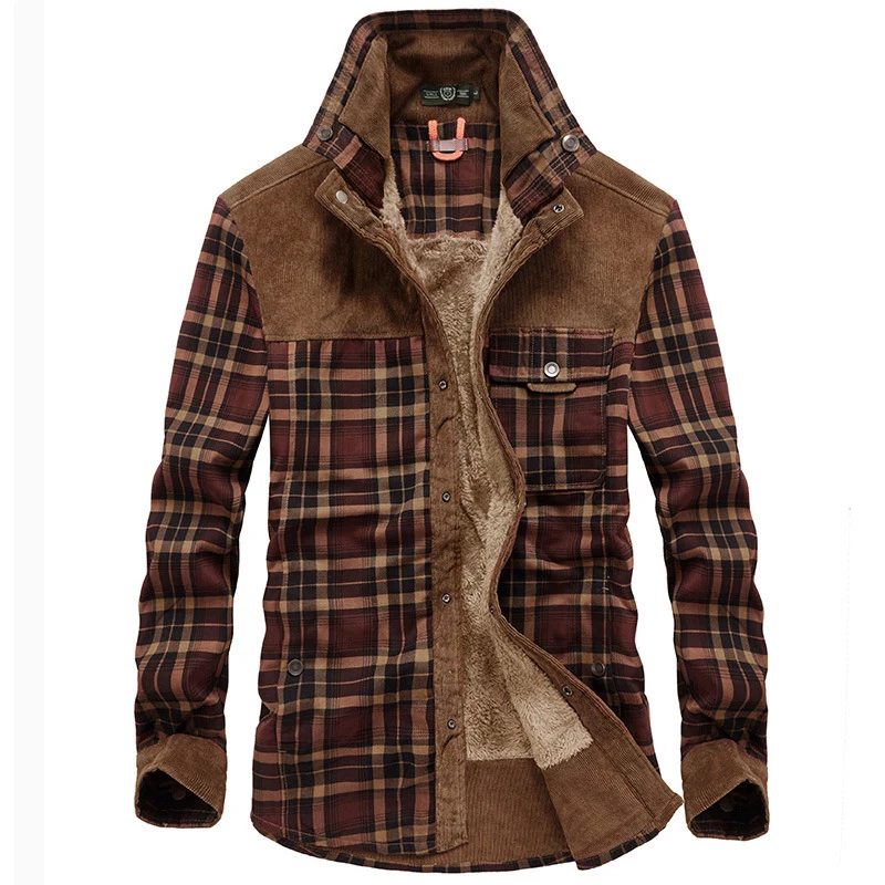 Herren Karo‑Hemdjacke mit Teddyfutter, Cord‑Schulterpasse und Multifunktionstaschen Nord Taschen