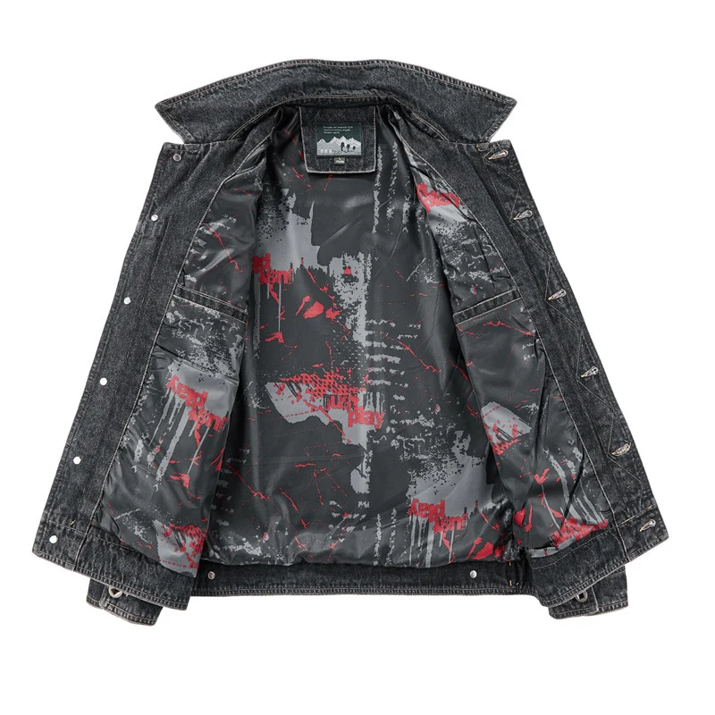Herren gewaschene Denim-Workerjacke mit bedrucktem Innenfutter und Brustpattentaschen Nord Taschen