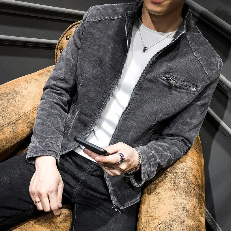 Herren gewaschene Baumwoll-Blousonjacke im Vintage‑Bikerstil mit Stehkragen und Brust-Reißverschlusstasche Nord Taschen