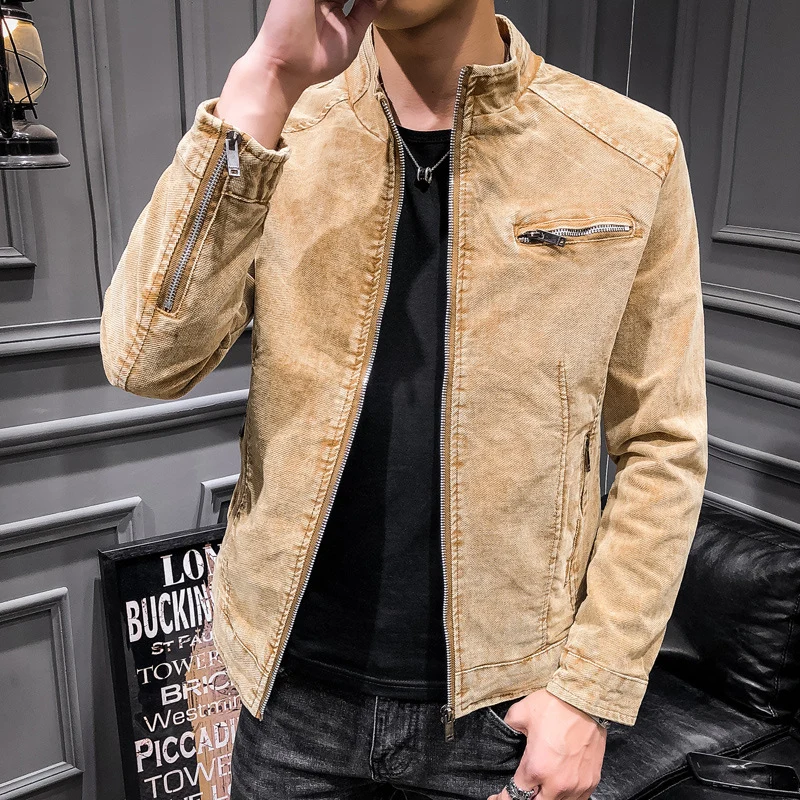 Herren gewaschene Baumwoll-Blousonjacke im Vintage‑Bikerstil mit Stehkragen und Brust-Reißverschlusstasche Nord Taschen