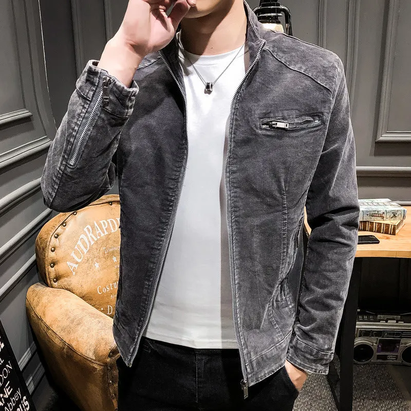 Herren gewaschene Baumwoll-Blousonjacke im Vintage‑Bikerstil mit Stehkragen und Brust-Reißverschlusstasche Nord Taschen