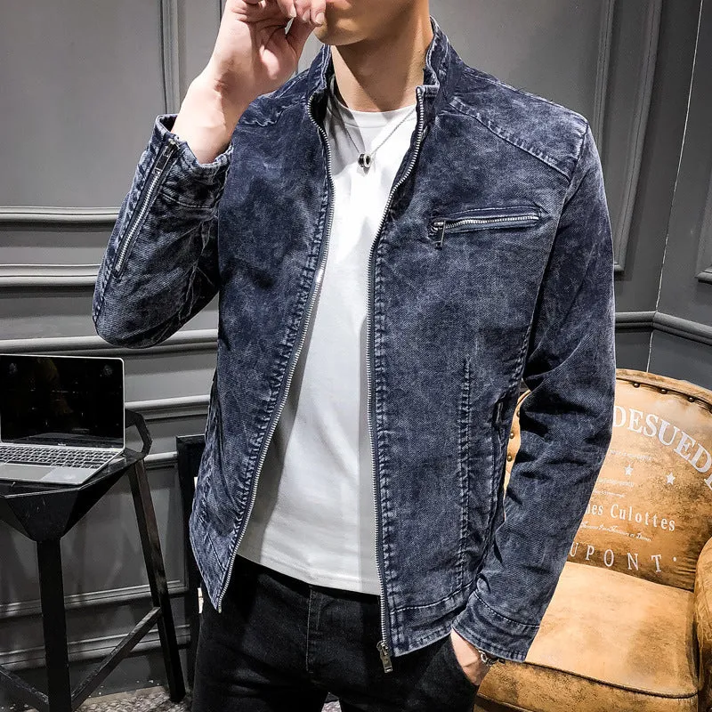 Herren gewaschene Baumwoll-Blousonjacke im Vintage‑Bikerstil mit Stehkragen und Brust-Reißverschlusstasche Nord Taschen