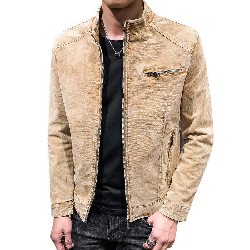 Herren gewaschene Baumwoll-Blousonjacke im Vintage‑Bikerstil mit Stehkragen und Brust-Reißverschlusstasche Nord Taschen