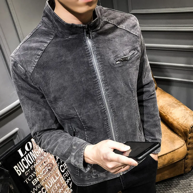 Herren gewaschene Baumwoll-Blousonjacke im Vintage‑Bikerstil mit Stehkragen und Brust-Reißverschlusstasche Nord Taschen