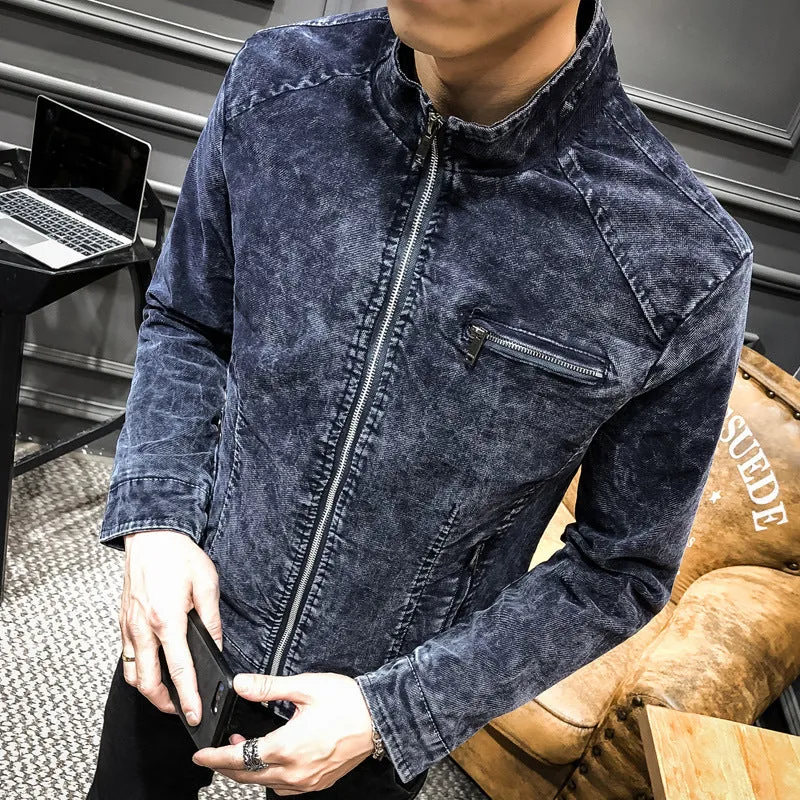 Herren gewaschene Baumwoll-Blousonjacke im Vintage‑Bikerstil mit Stehkragen und Brust-Reißverschlusstasche Nord Taschen