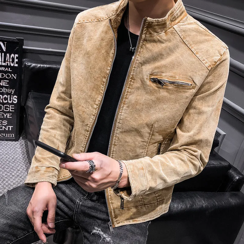 Herren gewaschene Baumwoll-Blousonjacke im Vintage‑Bikerstil mit Stehkragen und Brust-Reißverschlusstasche Nord Taschen