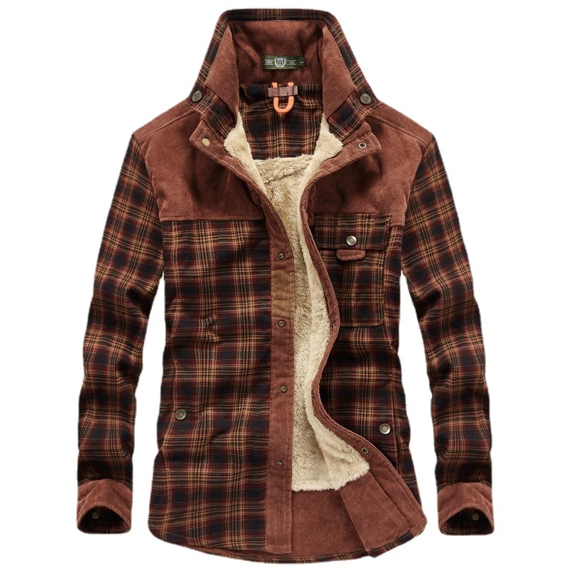 Herren karierte Thermo‑Hemdjacke mit Teddyfutter und Cord‑Schulterpasse Nord Taschen