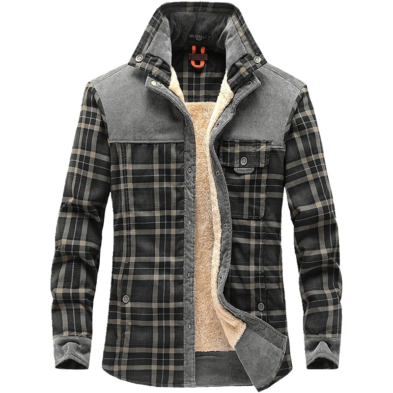 Herren karierte Thermo‑Hemdjacke mit Teddyfutter und Cord‑Schulterpasse Nord Taschen