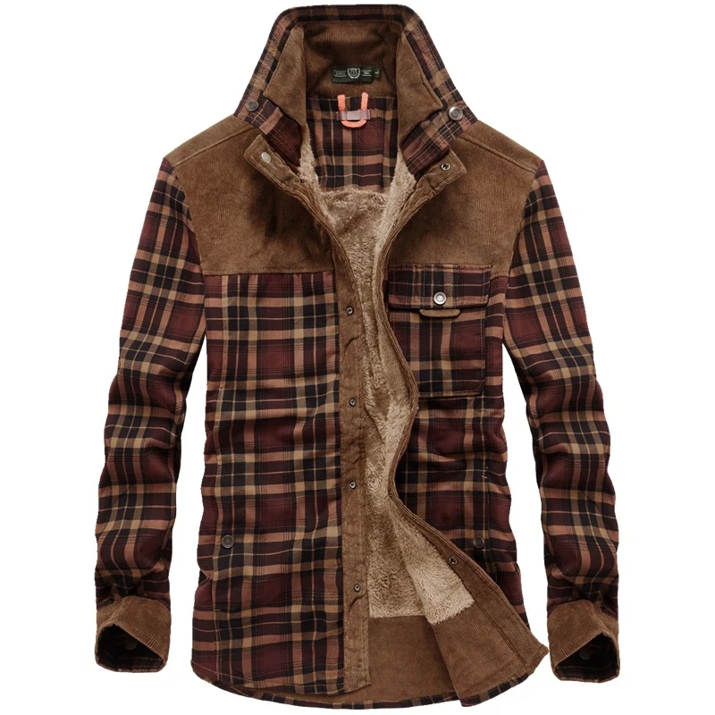 Herren karierte Thermo‑Hemdjacke mit Teddyfutter und Cord‑Schulterpasse Nord Taschen