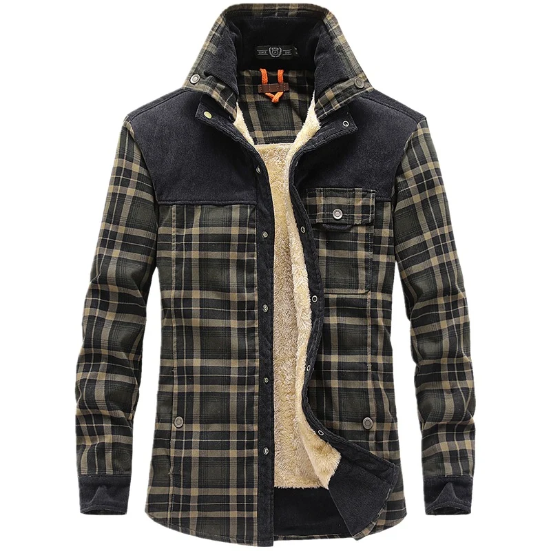 Herren karierte Thermo‑Hemdjacke mit Teddyfutter und Cord‑Schulterpasse Nord Taschen