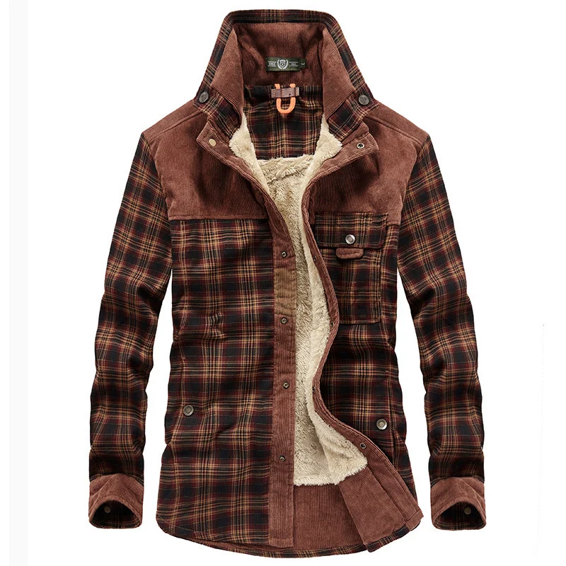 Herren karierte Hemdjacke mit Teddyfutter, Cordbesatz und hohem Stehkragen Nord Taschen