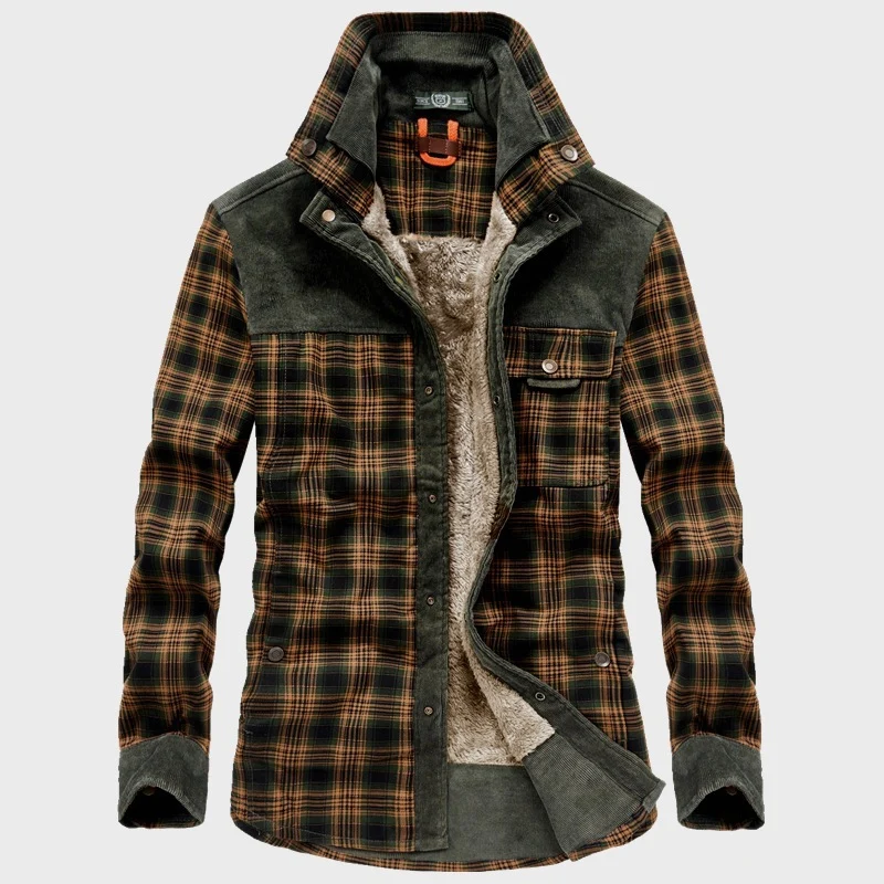 Herren karierte Hemdjacke mit Teddyfutter, Cordbesatz und hohem Stehkragen Nord Taschen