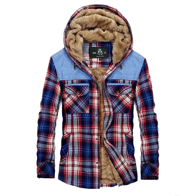 Herren karierte gefütterte Hemdjacke mit Kapuze und Teddyfutter Nord Taschen